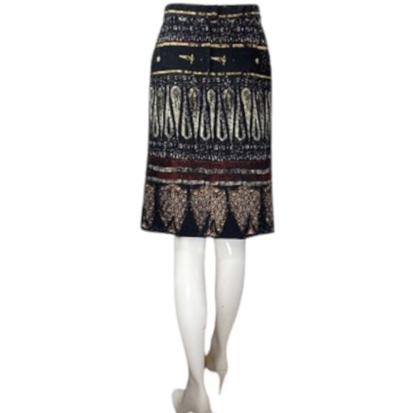 Patricia Rhodes Black Wool Silk Blend Ethnic Print Skirt 6 - Picture 7 of 12